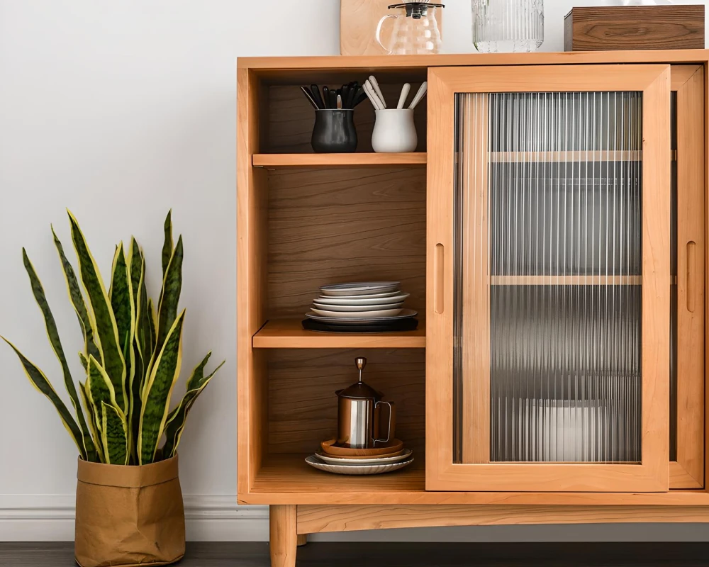 wood sideboard with glass doors